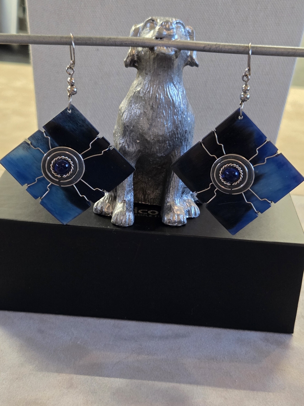 Handmade Blue Square Dangle Earrings with Silver Accents
